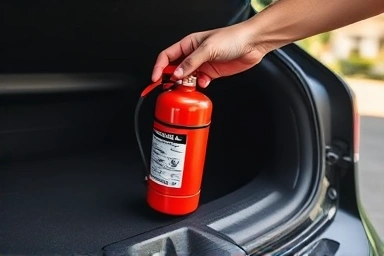 Hand placing car fire extinguisher in trunk for safety.