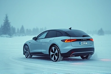 Electric car driving through snow, efficient winter performance