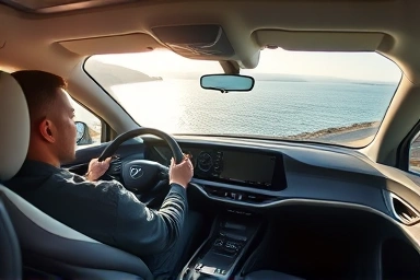 Driver enjoying a smooth ride in an electric car.