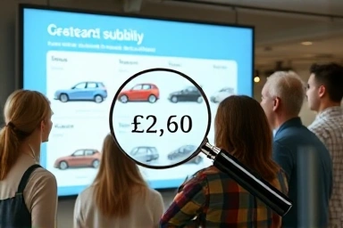 People reviewing electric car subsidy information on a screen.