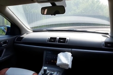 Minimalist car interior with essential cleaning tools.