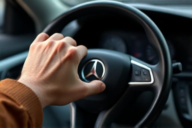 Driver's hand on steering wheel, symbolizing organized car control.