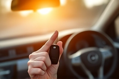 Hand holding car key with foreign car dashboard background