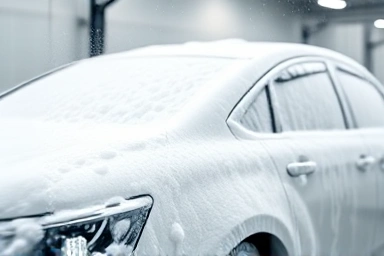 Car covered in thick snow foam from a foam lance.