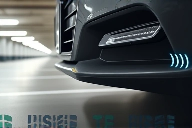 Car front bumper with parking sensors detecting obstacles.