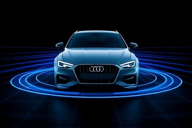 Abstract visualization of parking sensor technology protecting a car.