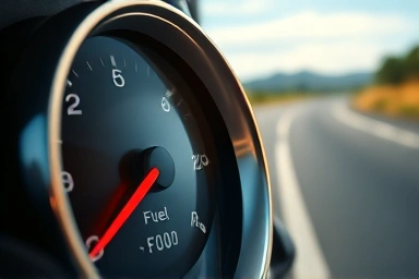 Car fuel gauge showing savings and efficient driving.