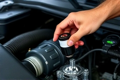 Car engine maintenance, mechanic replacing fuel filter