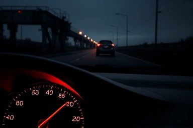 Car dashboard warning light, stalled car on dark road, fuel pump issue.