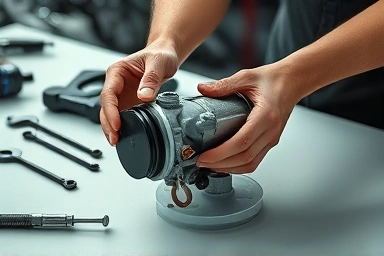 Car mechanic inspecting fuel pump, engine parts, precision repair.