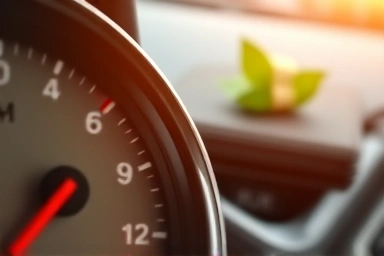 Car dashboard showing high fuel efficiency