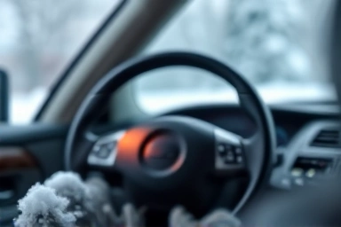 Warm glowing steering wheel in cold winter car.