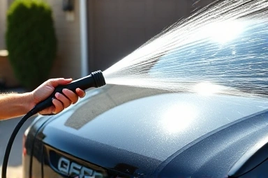 Sparkling clean car being washed with a powerful pressure washer.