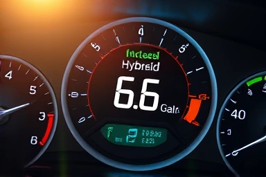 Hybrid car dashboard showing high fuel economy, eco-friendly design.