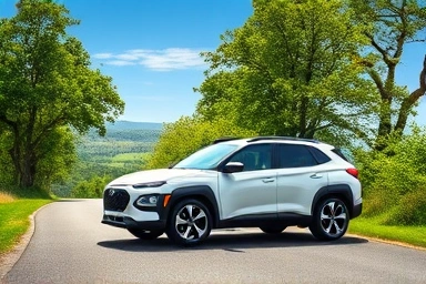 Modern hybrid SUV on scenic road, symbolizing efficiency.