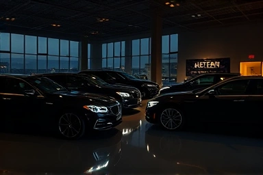 Luxury import cars displayed in a dealership showroom.