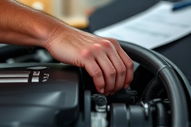 Mechanic inspecting car engine with insurance documents