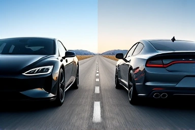 Futuristic electric car versus sporty sedan on a road.