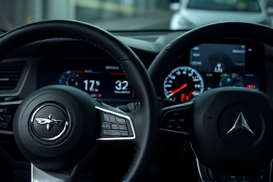 Close-up of two contrasting steering wheels.
