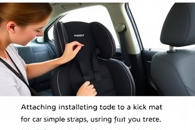 Easy installation of car seat kick mat by parent.