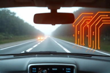 Futuristic car dashboard with glowing circuit board patterns.