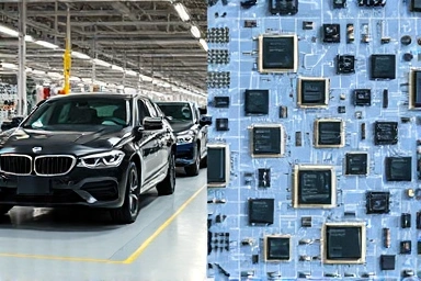 Car factory assembly line and organized semiconductor chips.