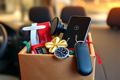 Stylish new car gift accessories arranged in a box.