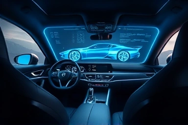 Futuristic car interior with holographic display showing vehicle data.
