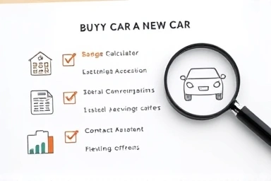 New car purchase checklist with icons for budget, contract, and inspection.