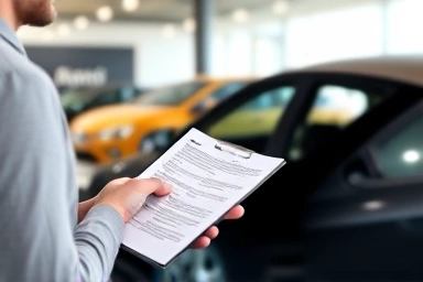 Person reviewing checklist for new car purchase with keys.