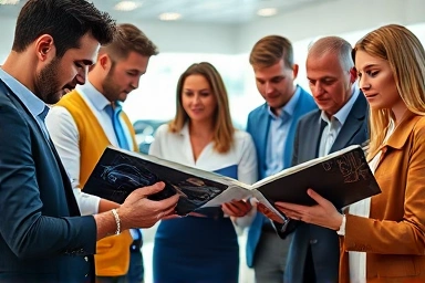 People comparing new car information with a magnifying glass.