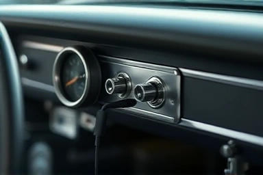 Vintage car AUX port with modern Bluetooth receiver.