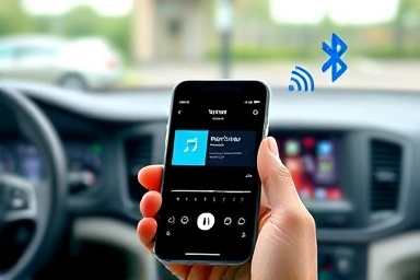 Smartphone controlling car audio wirelessly via Bluetooth.