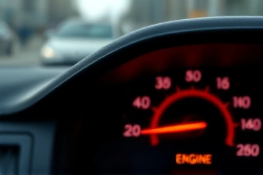 Car dashboard with illuminated engine warning light.