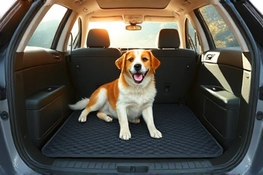 Happy dog in a clean car on a protective pet mat.
