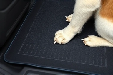Car pet mat protecting seat from dog paw scratches and dirt.