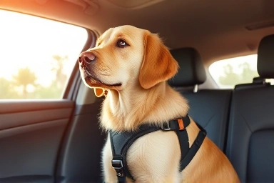 Dog in car seat with harness, safe and comfortable travel
