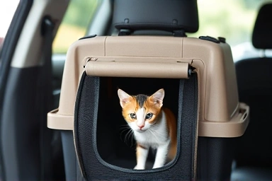 Cat in secure car carrier, stress-free travel