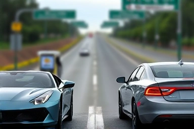 Luxury car and regular car choosing fuel types at gas stations.