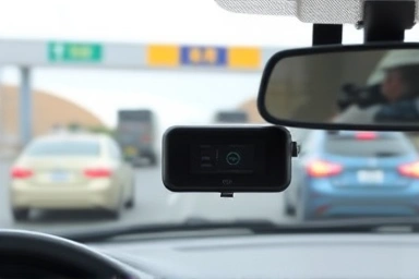 Modern RF hi-pass device on car windshield, fast toll booth passage.