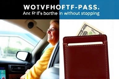 Driver passing toll happily, money saving with hi-pass device.