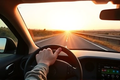 Smooth asphalt road, golden hour sunlight, car steering wheel