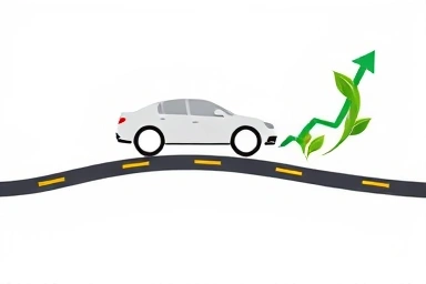 Car icon on smooth road segments, fuel efficiency symbol, growth arrow