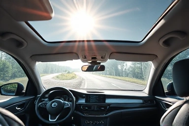 Driver's view in a modern car, clear windshield, essential accessories