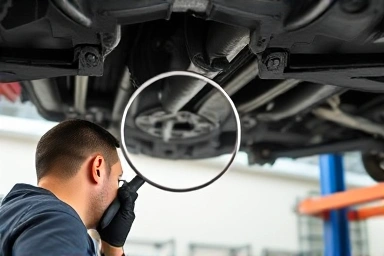 Mechanic inspecting car frame for hidden damage.