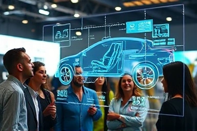 People marveling at holographic automotive technology display.