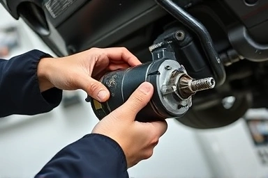 Mechanic inspecting car starter motor with tools