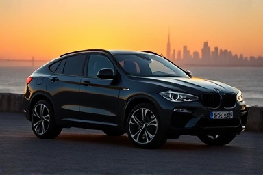 Modern SUV coupe with dynamic silhouette against city skyline.