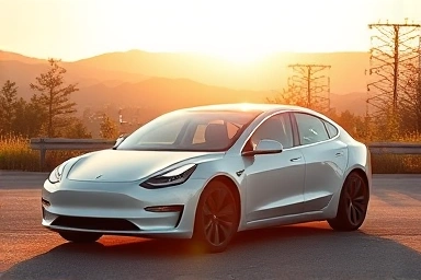 Futuristic Tesla Model 2 hatchback on scenic road, symbolizing EV accessibility.