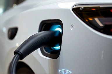 Tesla Model 2 charging cable plugged in, symbolizing ease of use and technology.